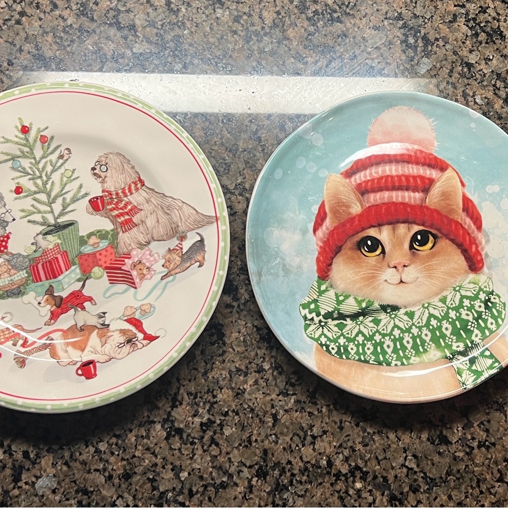 Pier 1 Christmas Morning salad plate and winter cat salad plate w/hat and scarf
